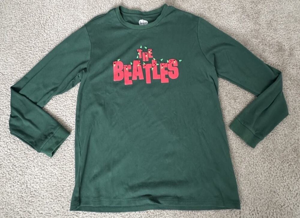 The Beatles Mens Large Green Christmas Lights Logo Long Sleeve Holiday T Shirt